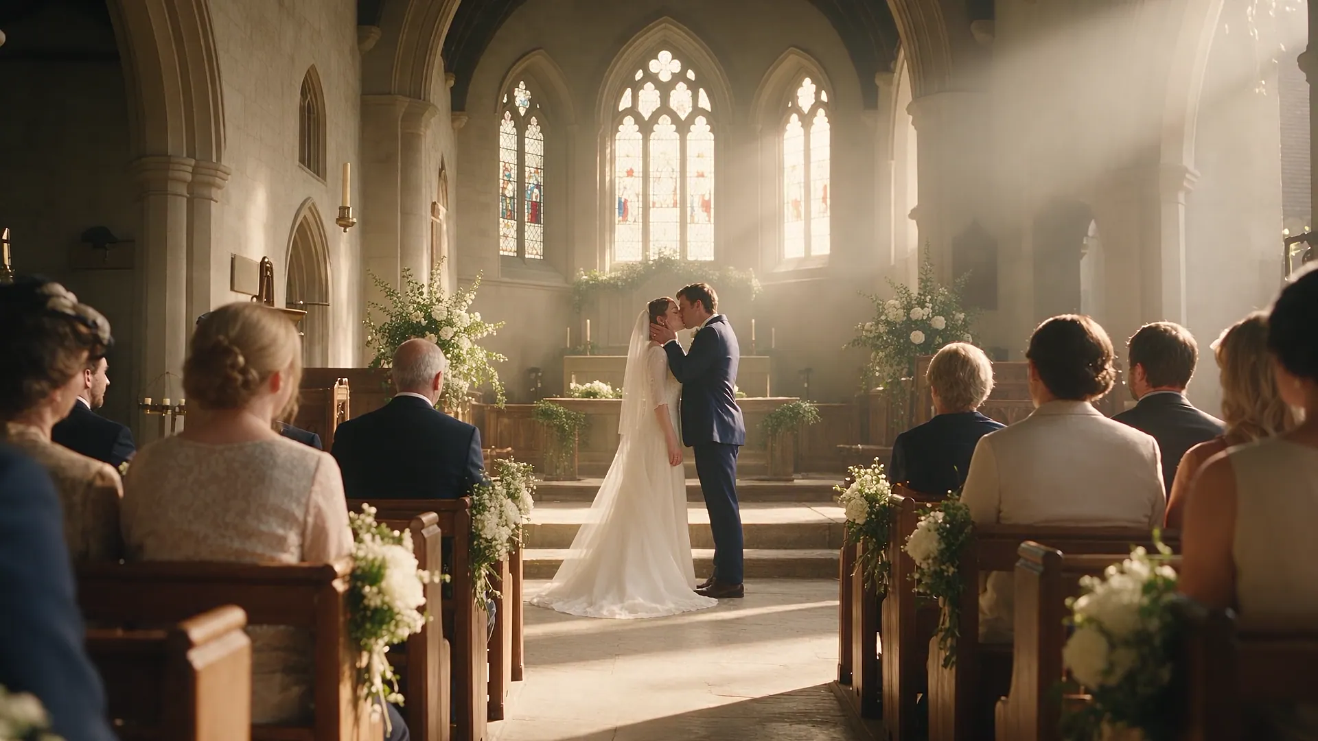 Brautpaar küsst sich am Altar einer Kirche – Hochzeitsfilm von StayingMoments